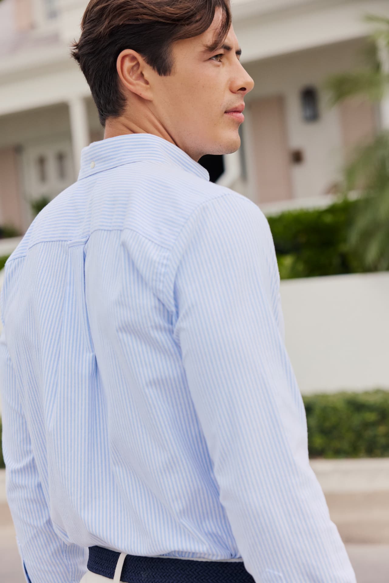 Blue striped oxford shirt shown from behind in natural light