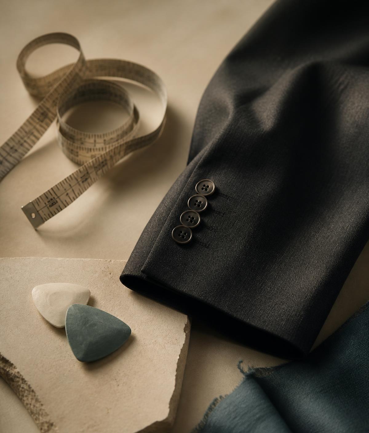 Close detail of a tailored jacket sleeve and buttons